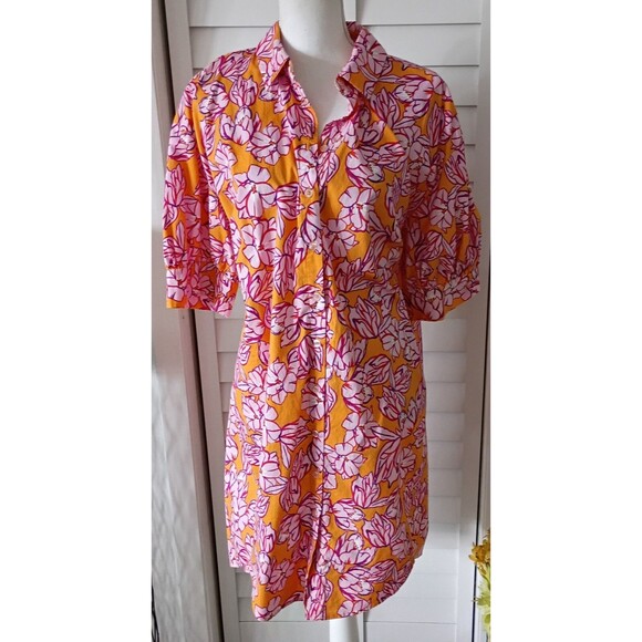 Eloqui Pink & Orange Puff Sleeve Button Down hi/lo Shirt‎ Dress Collared 16 - Picture 1 of 8
